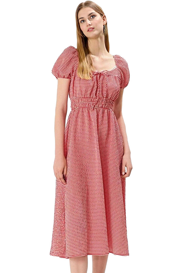 Women Midi Dress Plaid Pattern A-Line Balloon Sleeve Summer Casual Weekend Durable Material