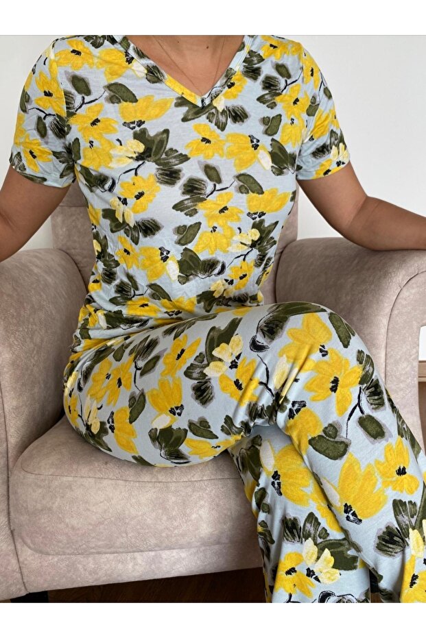 Viskon Pijama Takımı Çiçek Desenli - 1