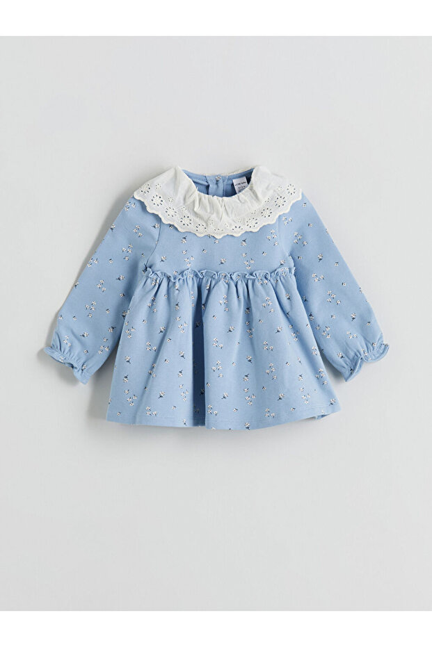Mavi Çiçekli Kız Bebek 2 Iplik Elbise - 1
