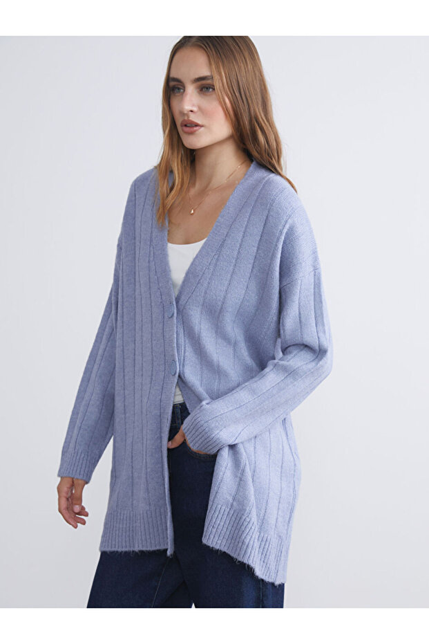 Mavi V Yaka Kadın Triko Hırka - 1