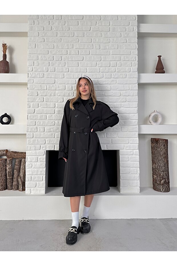 Kruvaze Kemerli Uzun Basic Trençkot - 7