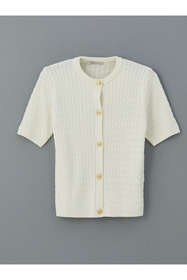 Ekru Bisiklet Yaka Kendinden Desenli Kadın Triko Hırka - 5