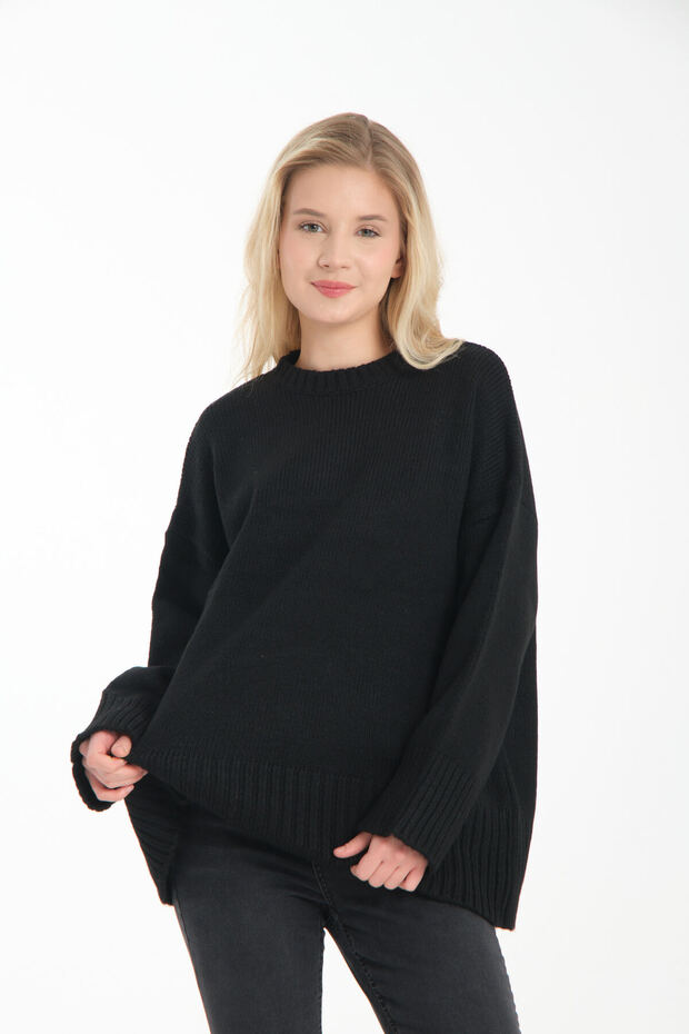 Oversize Basic Kadın Siyah Uzun Kazak
