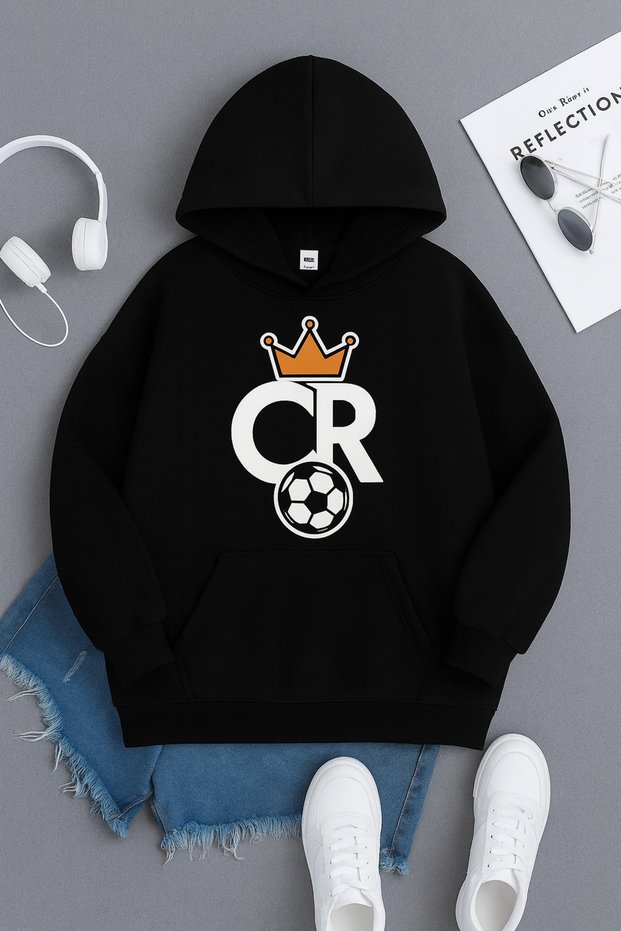 Cristiano Ronaldo Cr Crown Design 3 Thread Hooded Kangaroo Pocket Hoodie Unisex Sweatshirt