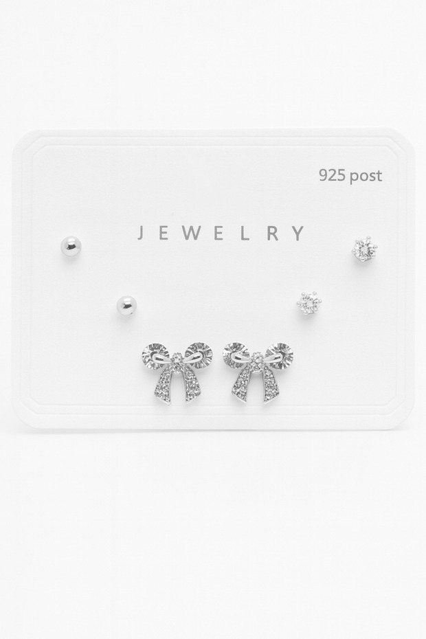 925S Silver Needle Bow Design Zircon Stone 3-Piece Earring Set
