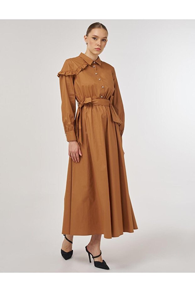 Ruffle Detailed Cotton Dress Tobacco