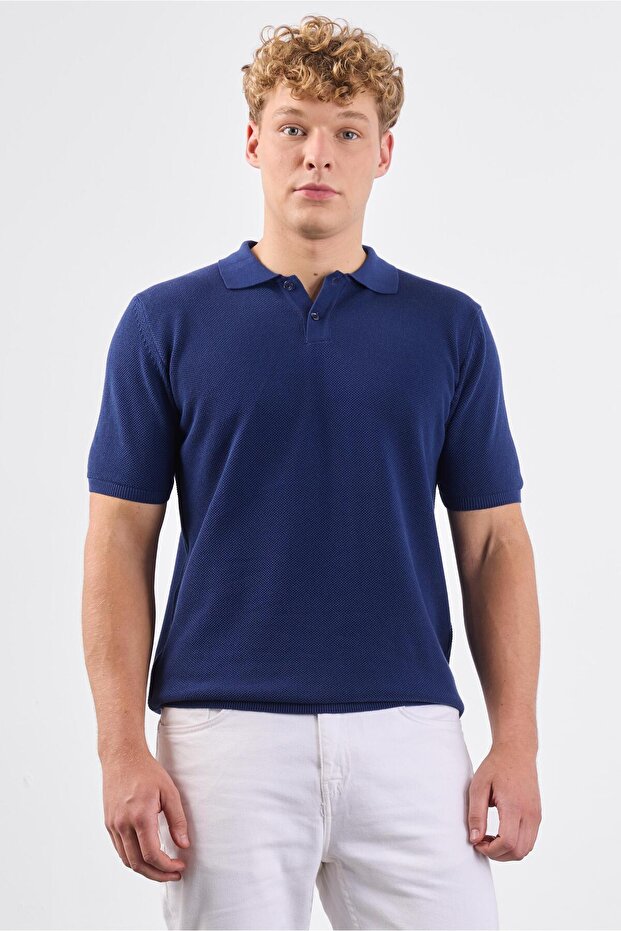 Men's slim fit polo collar navy blue knit t-shirt