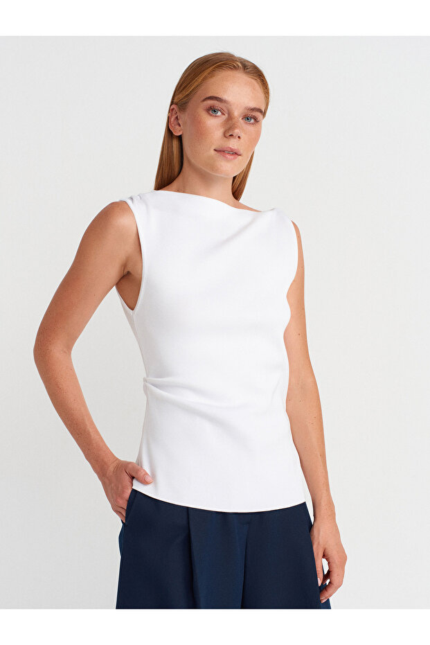 10778 Boat Neck Draped Slim Knitwear Blouse-White