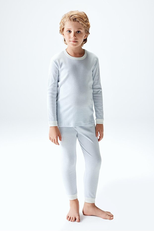 Boy's Striped 100% Cotton Pajama Set 9809 Medium Blue Color