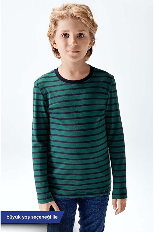 Boy's Striped Interlock Long Sleeve 100% Cotton T-Shirt 8530 Green Color