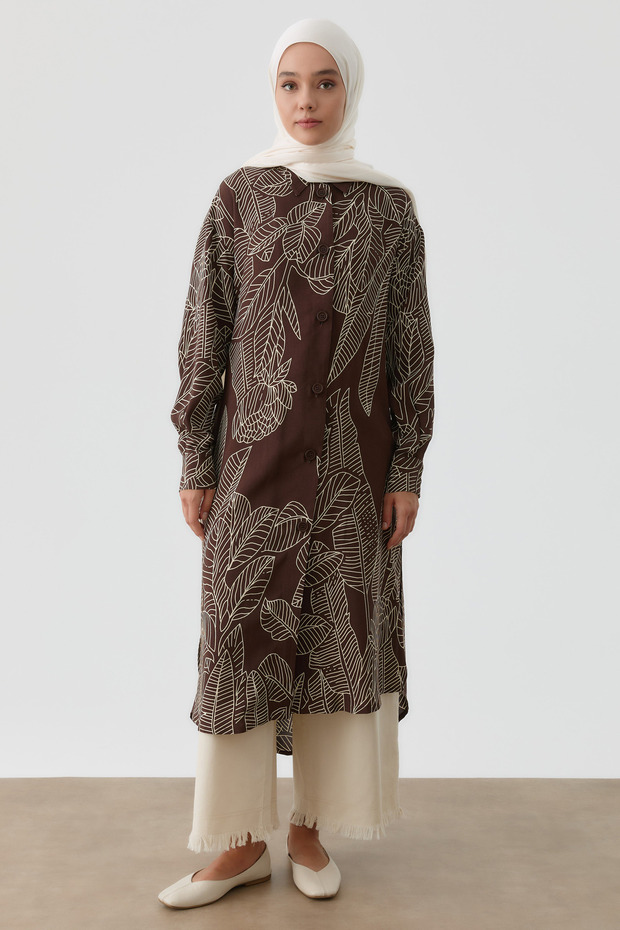 Yaprak Desenli Tunik - Kahve - 1