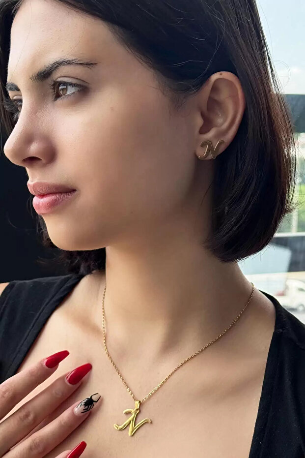 N Harf Figürlü Küpe Ve Kolye Set - 2