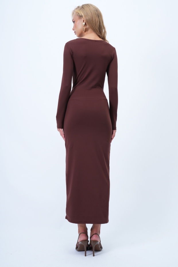 Acı Kahve Bisiklet Yaka Beli Broş Detaylı Maxi Boy Sandy Elbise ALC-X14378 - 7