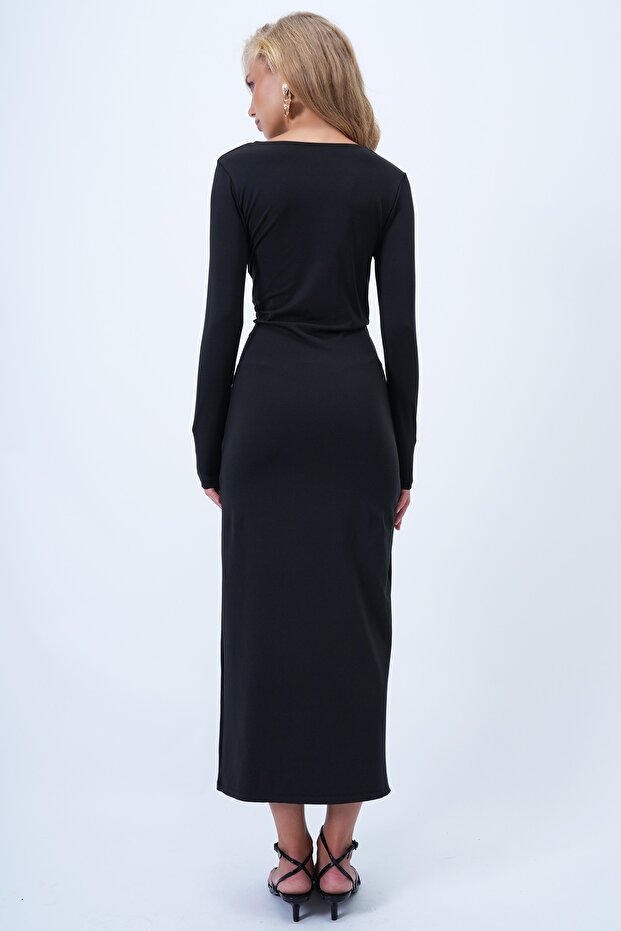 Siyah Bisiklet Yaka Beli Broş Detaylı Maxi Boy Sandy Elbise ALC-X14378 - 7