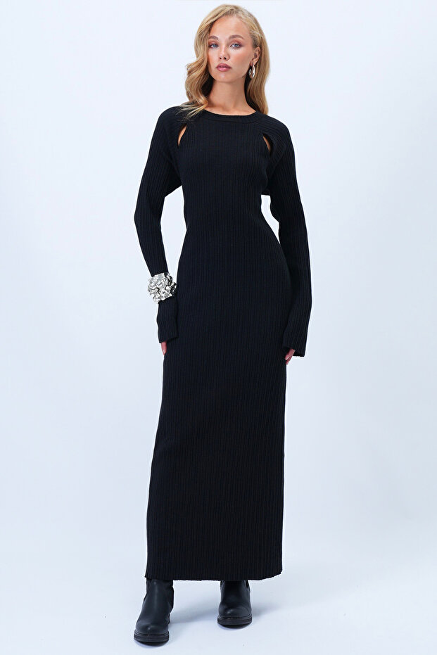 Kadın Siyah Bisiklet Yaka Out Cut Detaylı Maxi Boy Örme Elbise Alc-X14403 - 6