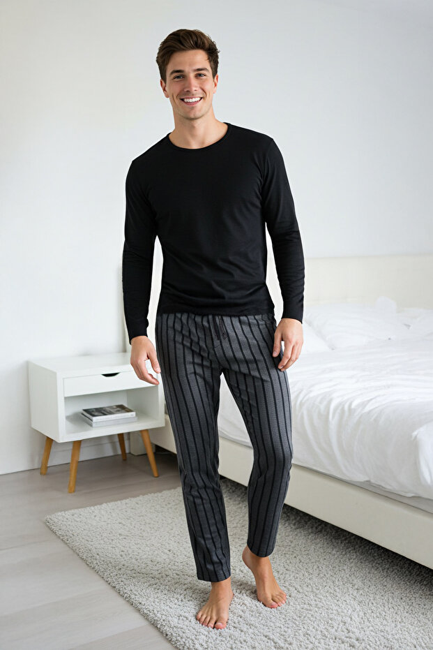 Siyah - Antrasit Regular Fit Çizgili Dokulu Örme Pijama Takımı TMNAW26PT00006 - 5