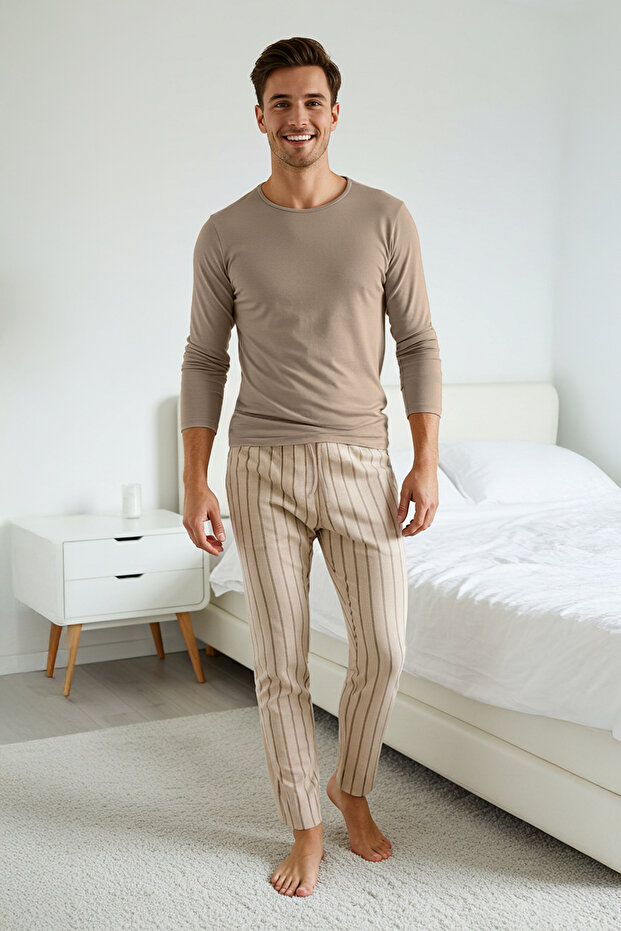 Bej Regular Fit Çizgili Dokulu Örme Pijama Takımı TMNAW26PT00006 - 5