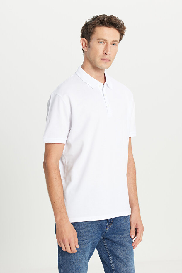 Erkek Beyaz %100 Pamuk Kıvrılmaz Pike Polo Yaka Slim Fit Dar Kesim Tişört - 6