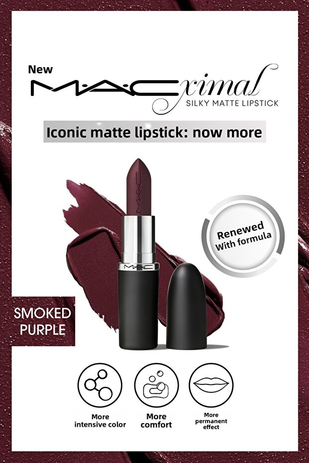 أحمر شفاه M·A·Cximal Silky Matte ذو تأثير مرطب يوفر لونًا كثيفًا - أرجواني مدخن