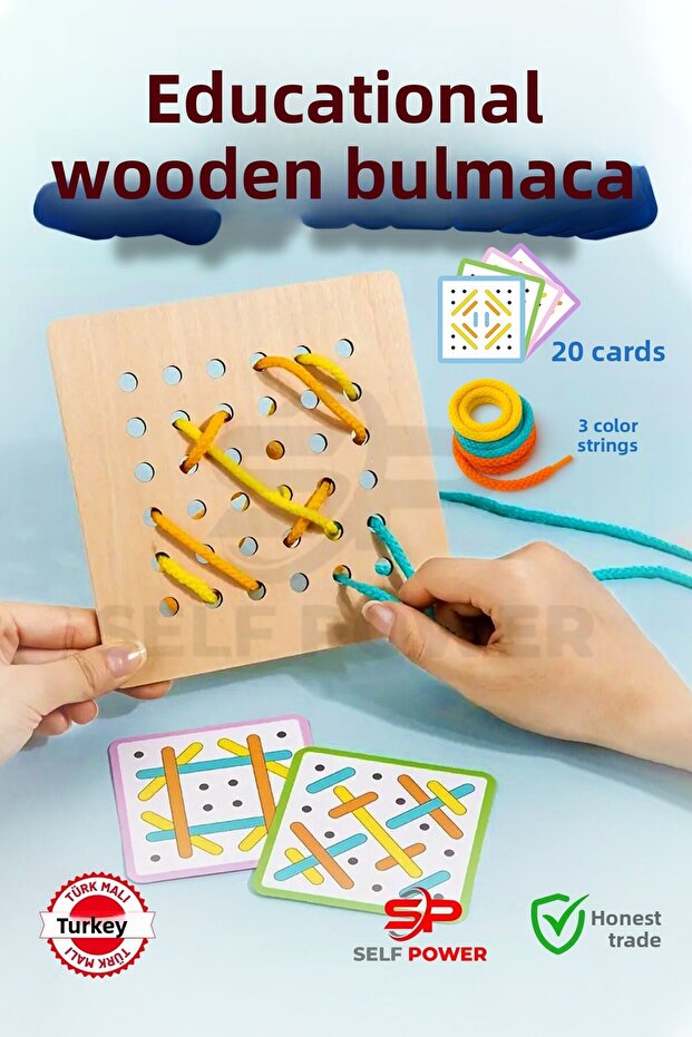 Wooden Lacing Board Puzzle, Educational, Develops Logic, for Ages 3-6, Brain Development