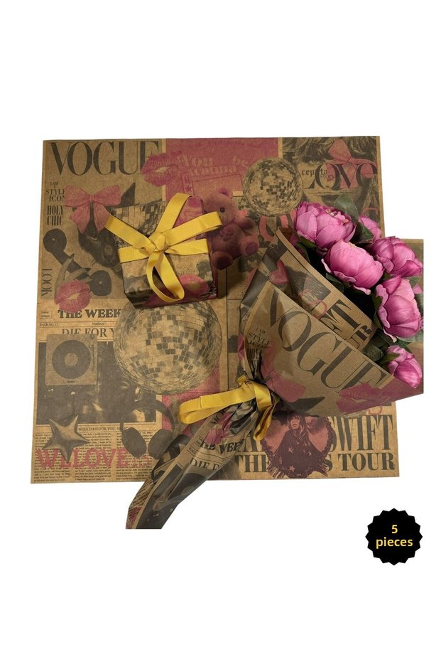 Flower Bouquet Wrapping Paper - Gift Packaging Paper (Young Lovers Series) Kraft 55X55Cm (5 Pieces)
