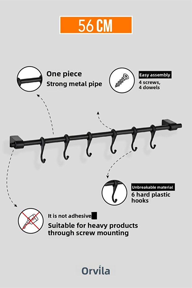 Black Metal Kitchen and Bathroom Hanger 6 Hooks Hanger Iron 56 cm Rod