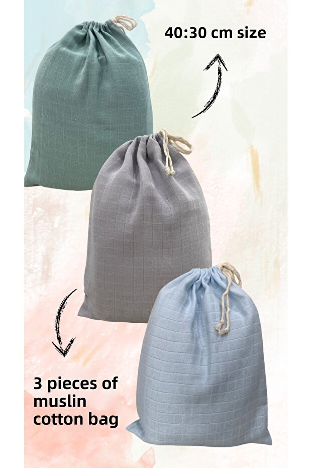 3 Muslin Pouch Bags - Baby Bag, Suitcase Organizer and Bread Bag