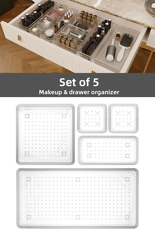 5-Piece Multi-Purpose Drawer Organizer - Cosmetic Jewelry Makeup Organizer, Transparent Cabinet Organizer