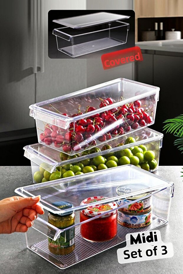Midi Tall Clear Fridge & Cabinet Organizer with Lid 3 Pieces