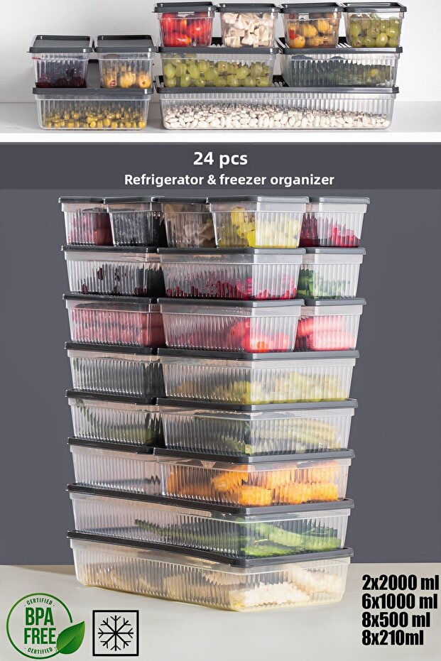 2012 24-Piece Icebox Refrigerator Organizer Suitable for Deep Freezer Pulse Storage Container Set - Anthracite