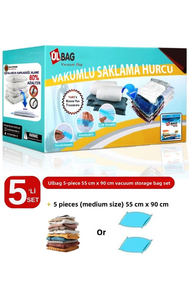 Set of 5 Vacuum Bags 55 cm X 90 cm Pillow, Clothes and Blanket
