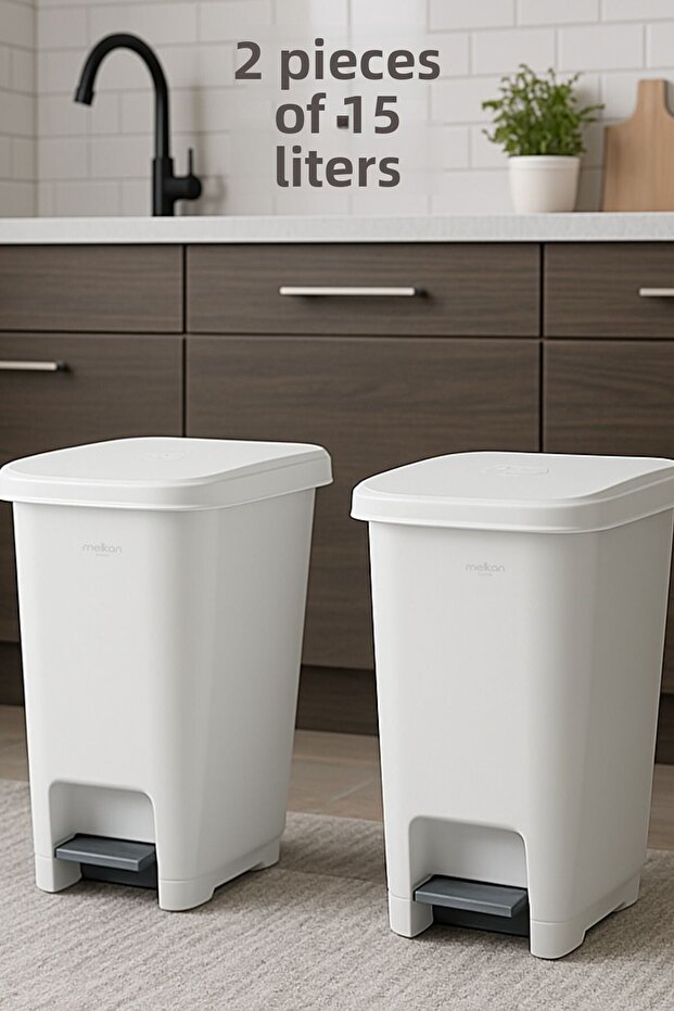 2 Pcs Pedal Trash Can 15 Liters White Trash Can Slim Pedal Trash Can 15 Liters 40 cm White