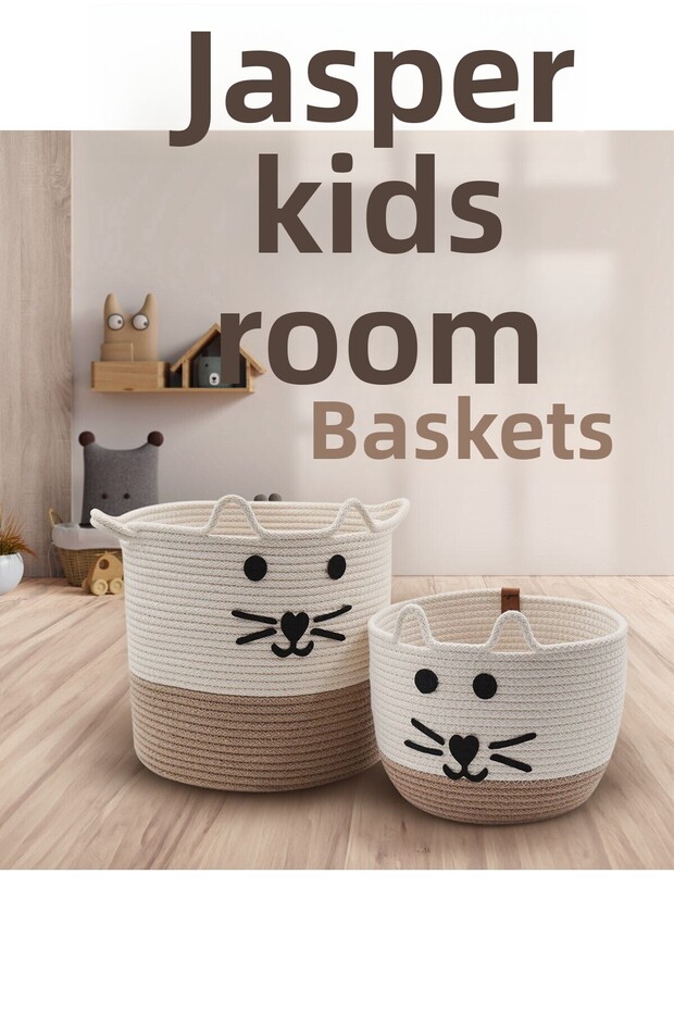 Beige Jute Rope Cat Designed Children's Room Organizer - Multi-Purpose, Dirty Basket