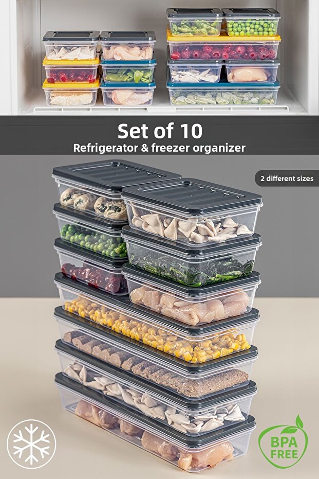 10-Piece Refrigerator Organizer Storage Container Suitable for Microwave and Freezer Anthracite 4 X 1170 ml - 6 X 600ml - 1