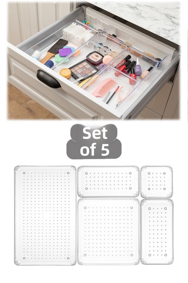 5 Piece Drawer Organizer, Modular Bathroom Makeup and Jewelry Organizer - Desktop Organizer
