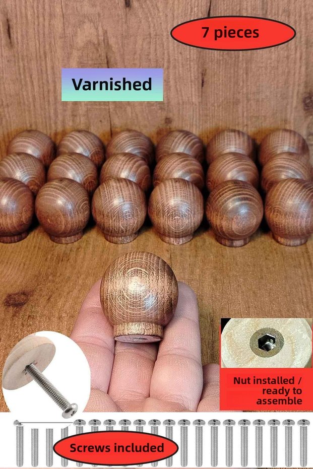 7Pcs Polished Wooden Ball Handle 37mm in Diameter Natural Beech Wood Drawer Cabinet Furniture Handle Knob