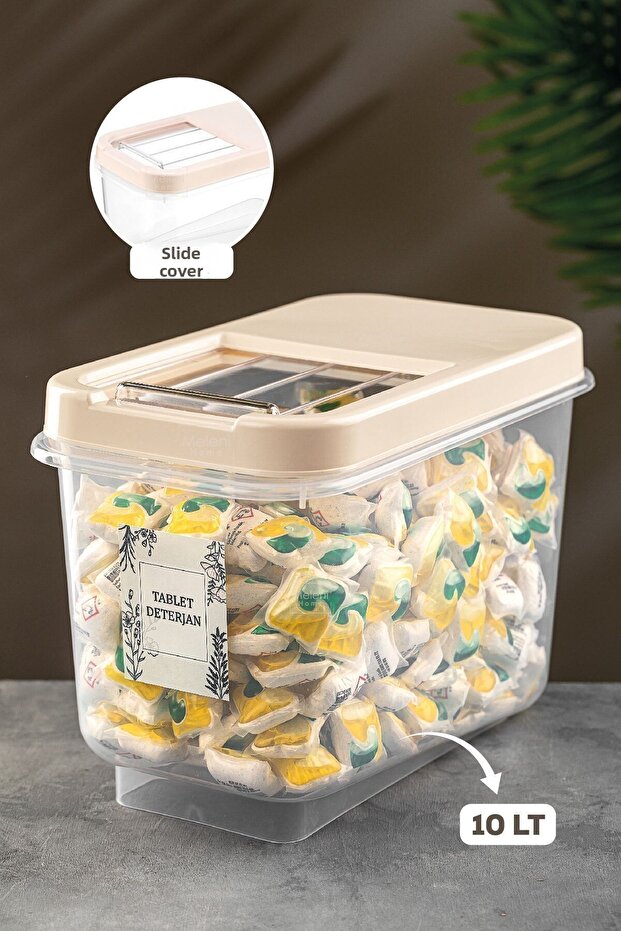 10 Lt Detergent Storage Container with Sliding Lid - Labeled Tablet Detergent Storage Box Cream - 1