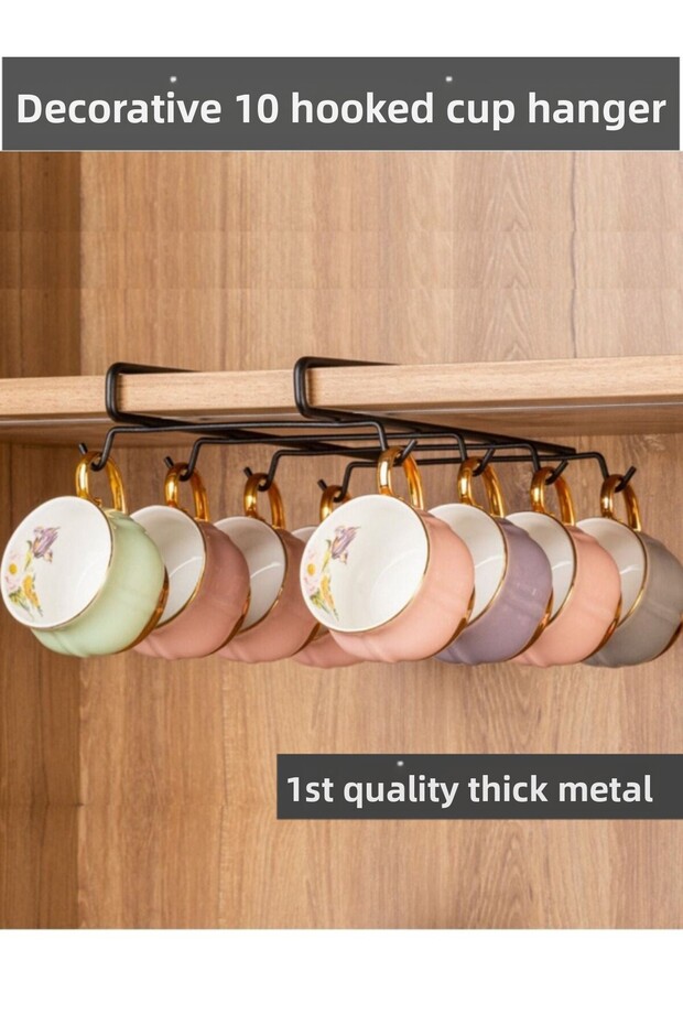 Decorative Black under Shelf Hangable 10 Hooks Cup/ Mug Cup Organizer Hanger-Organizer