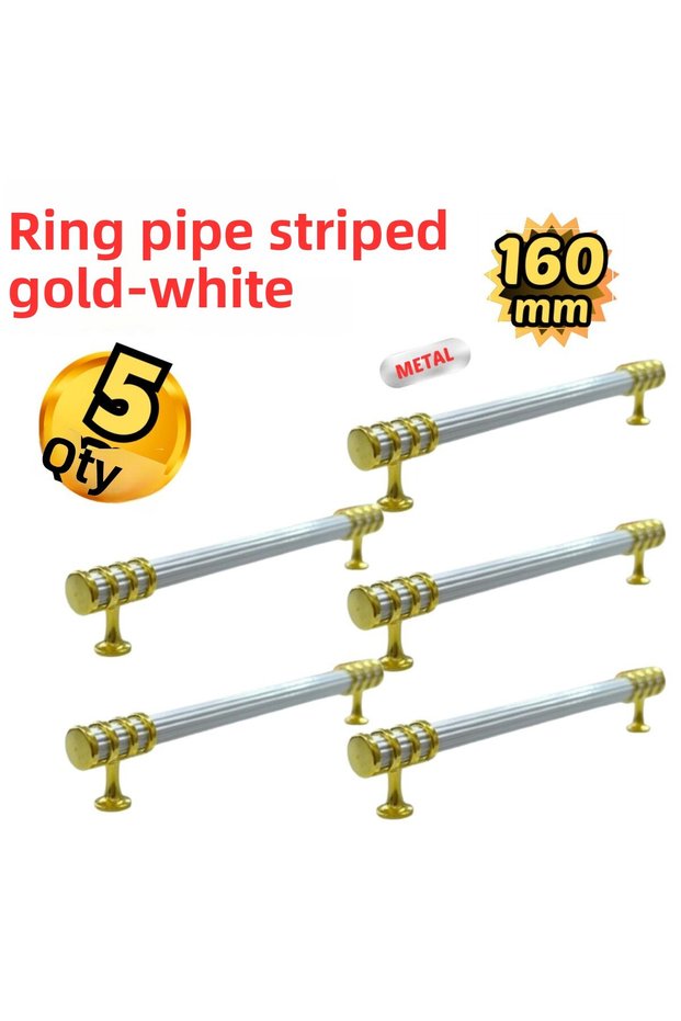 5Pcs Metal Ring Striped Furniture Drawer Cabinet Handle Gold-White 160mm