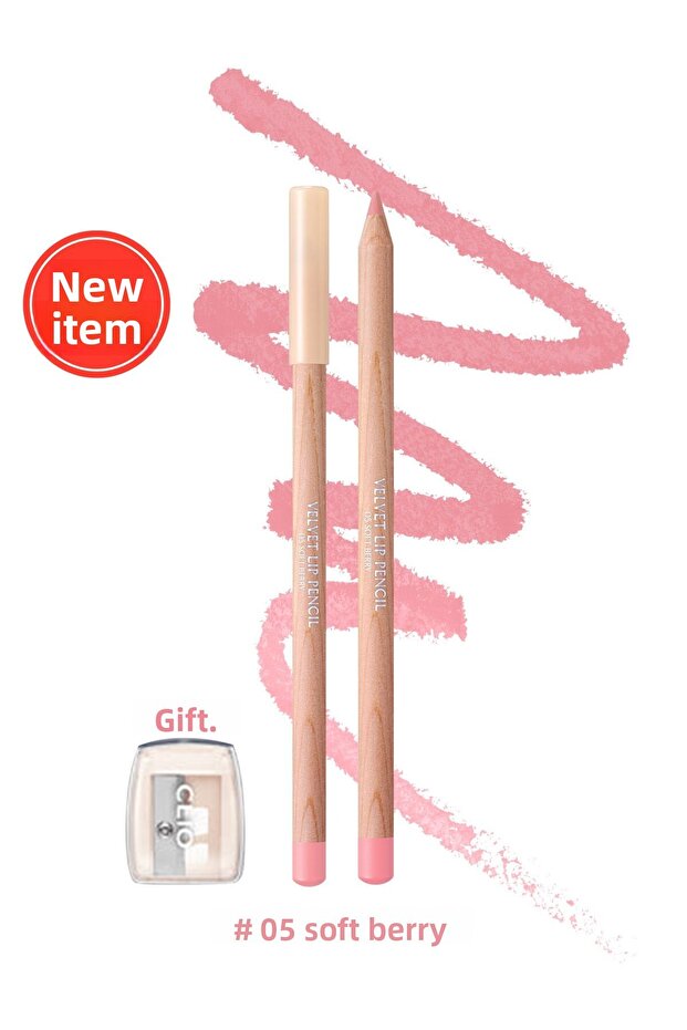 Clio Velvet Lip Pencil Set 05 Soft Berry - Creamy Formula with Lip Liner and Sharpener