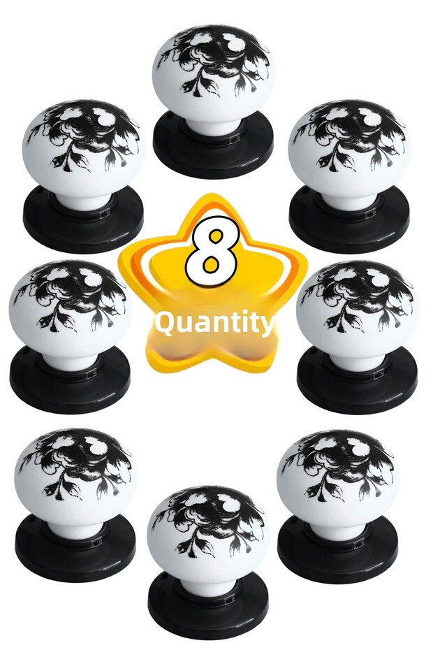 8 Pcs Black Rose Pattern White Polymer Button Handle Black Tab Furniture Kitchen Cabinet Drawer Handle