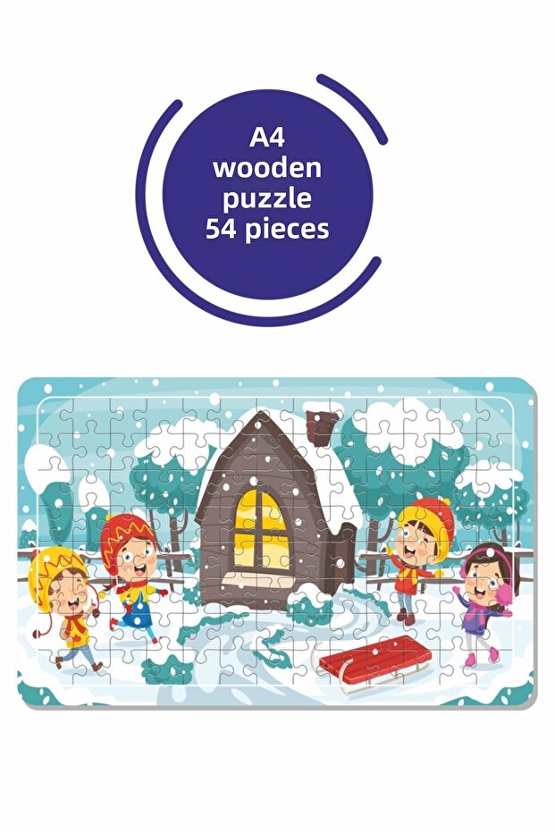 Enjoying New Year and Playing in the Snow A4 54 Piece Puzzle, Toy, Jigsaw