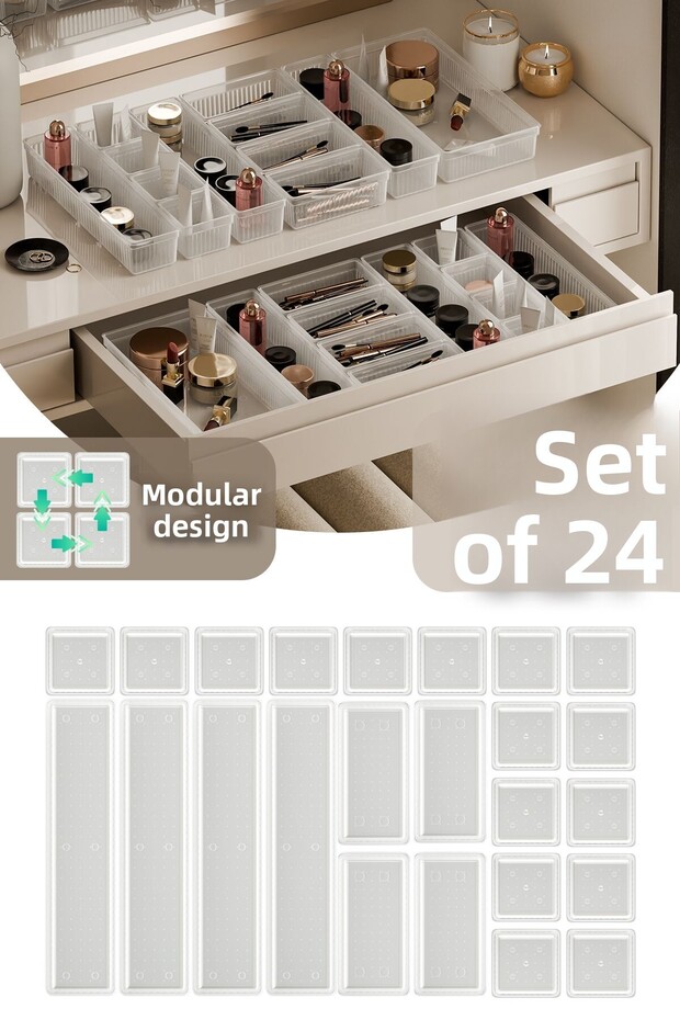 Origami 24-Piece Makeup Organizer Drawer Organizer Set Transparent 16K-40-4B