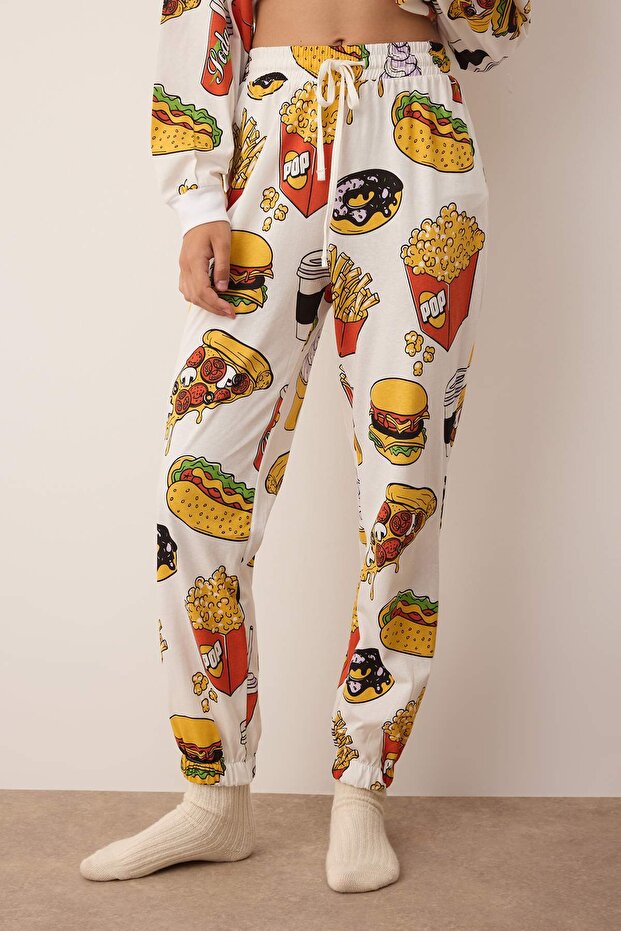 Beyaz %100 Pamuklu Slogan Nakışlı Desenli Örme Pijama Takımı THMAW23PT00064 - 3