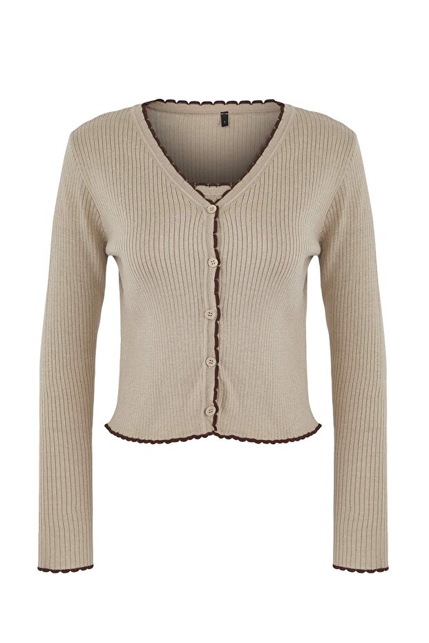 Teen Bej Premium İplik/Özel İplik V Yaka Fitted/Vücudu Saran Triko Hırka TWOAW26HI00021 - 5