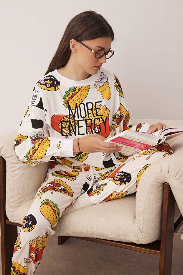 Beyaz %100 Pamuklu Slogan Nakışlı Desenli Örme Pijama Takımı THMAW23PT00064 - 2