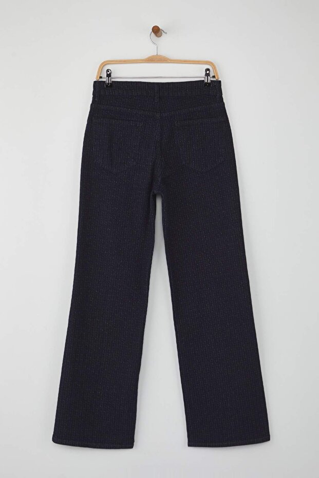 Koyu Mavi Jakar Çizgi Desenli Yüksek Bel Comfort/Esnek Wide Leg Jeans TWOAW26JE00101 - 6