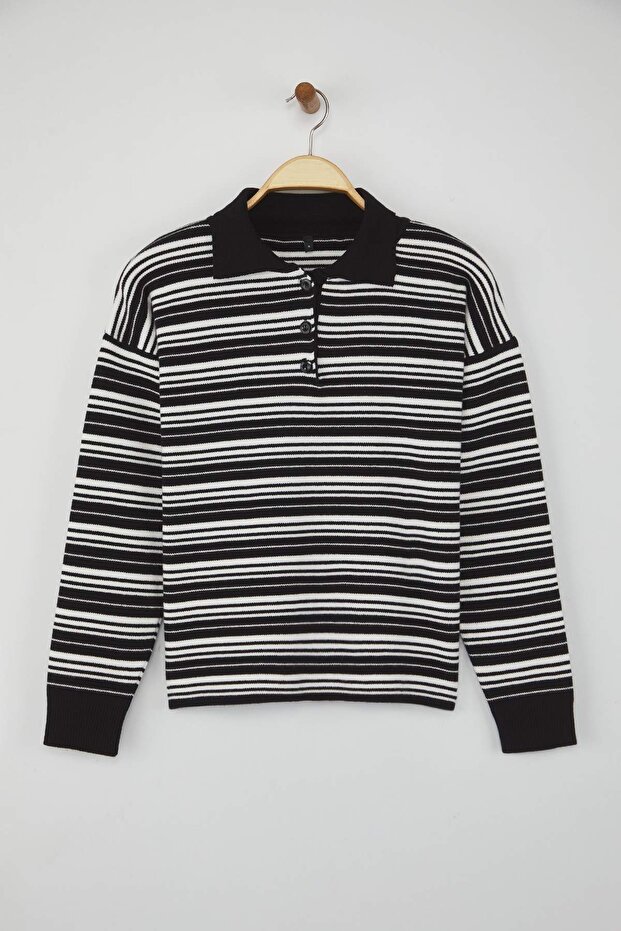 Wardrobe Essentials Siyah Premium/Özel İplik Polo Yaka Triko Kazak | TWOAW26KZ00060 - 5