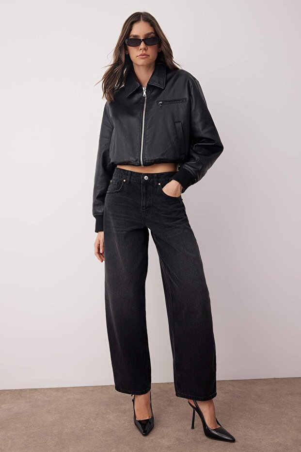 Siyah Normal Bel Loose Baggy Smoke Jeans TWOAW26JE00053 - 2