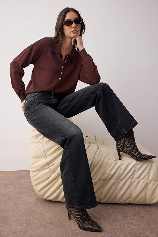 More Sustainable Siyah Yüksek Bel Wide Leg Jeans TWOAW26JE00077 - 2